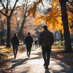 Obraz premium Three men walk along a sunlit autumn path in a park.