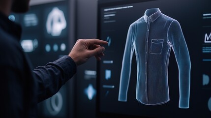 A person interacts with a digital interface displaying a 3D model of a shirt, showcasing advanced technology in fashion design and visualization.