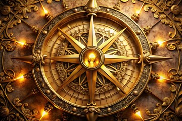 Fototapeta premium Stunning compass rose photography featuring luxurious lighting, gold accents, and nautical decor; perfect for adventure-inspired home decor and timeless gift ideas.