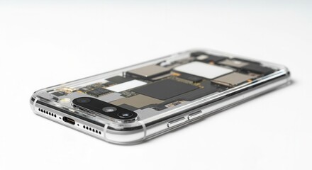 Transparent smartphone case showcasing internal components of a modern mobile device on a white background, AI