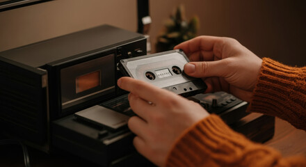 Person inserting a cassette tape into a vintage tape recorder, showcasing retro technology, AI