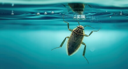 Water bug floating on the surface of clear blue water, showcasing its legs and body structure, AI