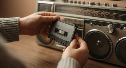 Person inserting a cassette tape into a vintage boombox, evoking nostalgia for retro music. The scene highlights classic audio technology and a warm, cozy atmosphere, AI