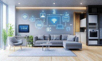 A modern living room where subtle technology devices are integrated seamlessly, like a smart thermostat, remote control appliances, and security.