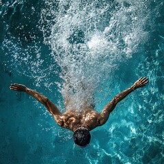 Person underwater, swimming, splashing, turquoise water.