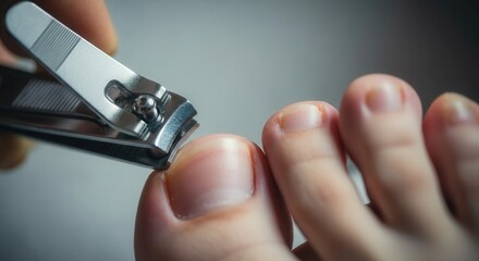 Close-up of toenail clipping with a metal nail clipper, focusing on personal grooming and hygiene, AI