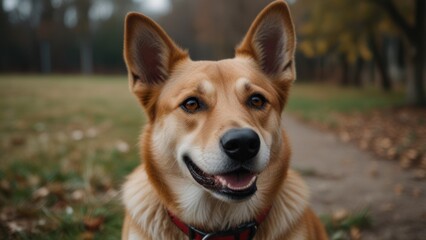 Happy light brown dog portrait in autumn park.