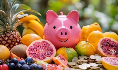 Obraz premium A pink piggy bank is surrounded by coins and various fruits, symbolizing savings and abundance in a bright, natural setting.