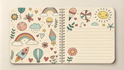 Open notebook with hand drawn whimsical designs of rainbows, balloons, rockets, stars, hearts, flowers, and a smiling sun, perfect for notes and creativity