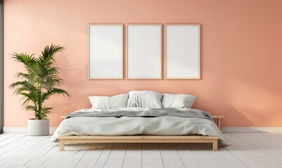 Minimalist bedroom with a bed. three frames. and a plant in a pot