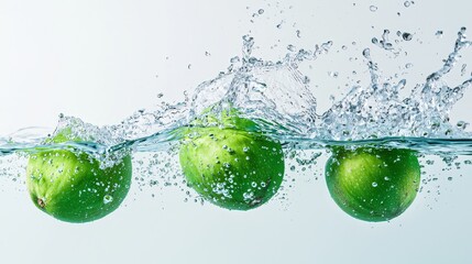 Floating coconuts, mid-splash in lively coconut water, contrasting sharply against a pure white background, vibrant green fruits highlighted