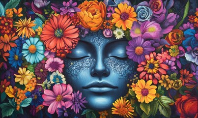 A serene face surrounded by vibrant flowers, evoking a sense of peace and unity with nature.