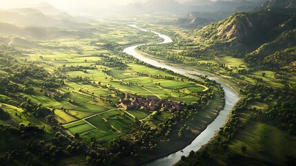 Fototapeta premium Aerial view of a serene landscape with a winding river and lush green fields.