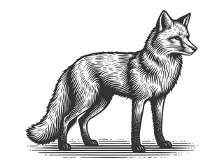 standing fox, natural grace and cunning in a classic engraving style sketch engraving generative ai vector illustration. Scratch board imitation. Black and white image.