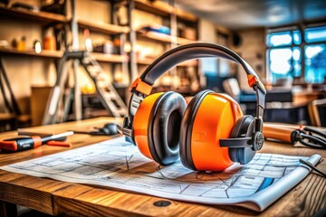 Fototapeta premium Vibrant orange earmuffs sit prominently on a construction workshop table, highlighting their crucial role in ensuring noise protection and promoting occupational safety in the workplace.