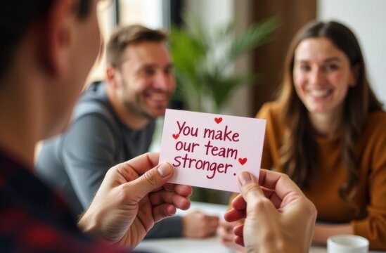 A heartfelt message card being shared in a cheerful office environment, emphasizing teamwork, appreciation, and Valentine's Day spirit with smiling colleagues in the background