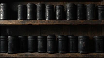 Black Canisters on Wooden Shelves