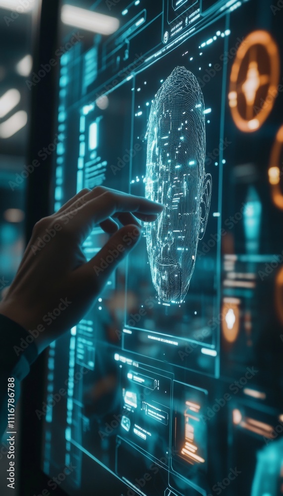 Poster hand engaging with advanced 3d facial recognition interface on a contemporary computer display