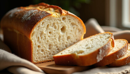 A loaf of artisan bread  freshly baked  with a crusty exterior and an airy  open crumb.