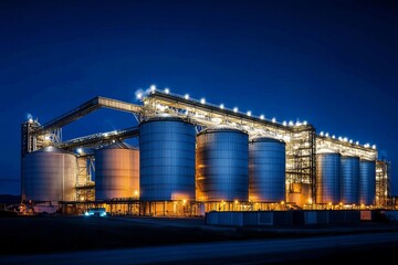 Obraz premium Nighttime photography of an industrial plant featuring silos and steam pipes illuminated by lights