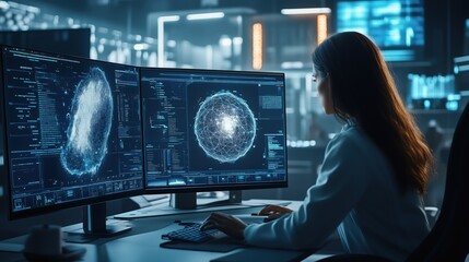 Woman analyzing data on multiple computer monitors in a futuristic office