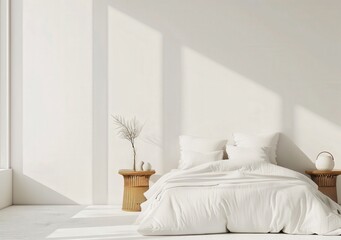 Minimalist bedroom interior with a white bed. wooden side tables. and a large window