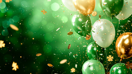 St. Patrick's Day card with Irish colored balloons on a green background, confetti and clover with gold coins,