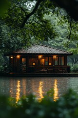 Obraz premium Cozy wooden cabin by the water, illuminated warmly amidst a serene rain-soaked landscape.