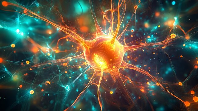 Multi-colored glowing synapse representing neural communication in action image