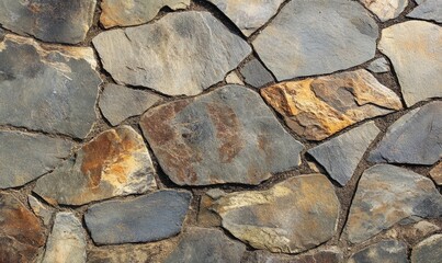 Fototapeta premium The surface of this weathered flagstone patio is reminiscent of a wellloved garden path, with a combination of smooth and rough stones in earthy hues.