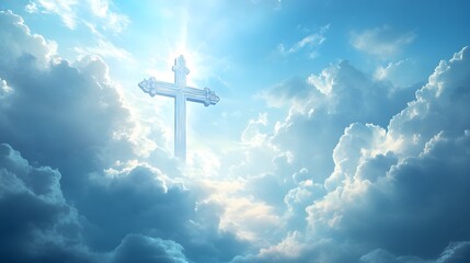Bright cross in cloudy sky with sunbeam.