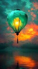 Obraz premium Green lantern illuminates sunset over calm water.