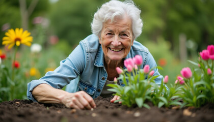 Elderly woman finds joy in gardening and nature.