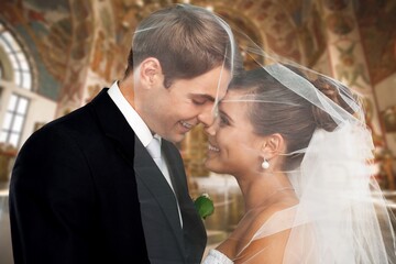 Happy wedding young couple bride and groom at wedding ceremony