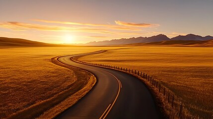 Fototapeta premium Country road snaking through golden fields at dawn, soft light and mist lifting from the ground, creating a peaceful and dreamlike morning scene. Dawn mist, Tranquil fields