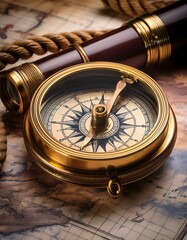Antique compass and spyglass on an old map.