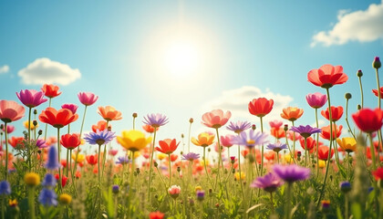 Fototapeta premium Vibrant wildflowers bloom in a sunlit field creating a picturesque scene of colorful beauty.