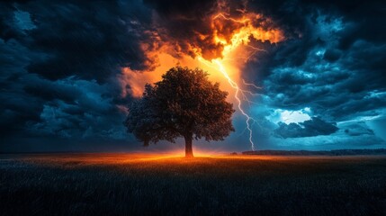 Obraz premium A solitary tree fills the foreground, its silhouette stark against an electrifying sky