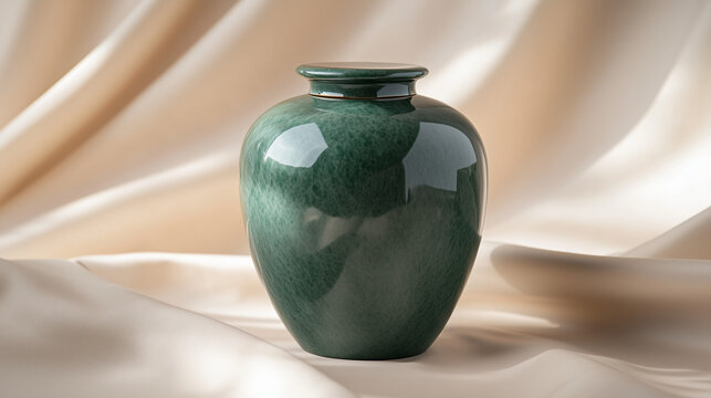 Elegant funeral urn, polished green jade with a smooth finish, positioned on a soft cream fabric with wide copy space below