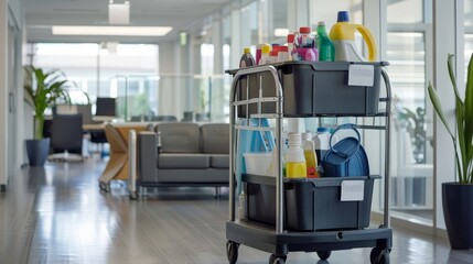Professional janitorial cart with cleaning supplies in a corporate office environment