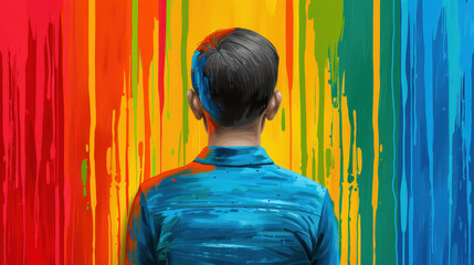 Vibrant back view of a person on a striped backdrop, showcasing a fusion of colors and dynamic energy. Ideal for artistic expression.