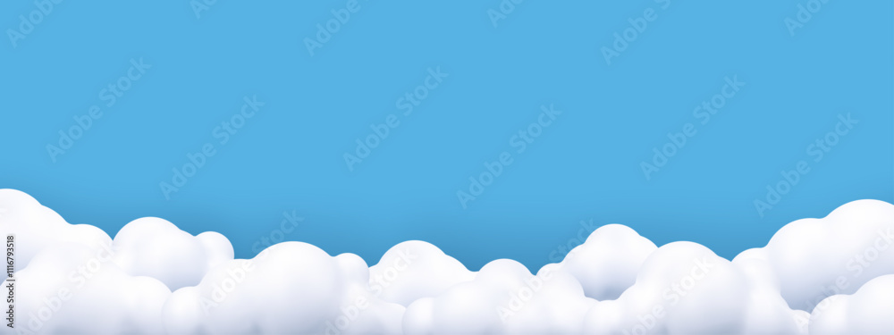 Poster 3d white clouds background. cute clouds in bubble shape. plasticine 3d render style. trendy fluffy c
