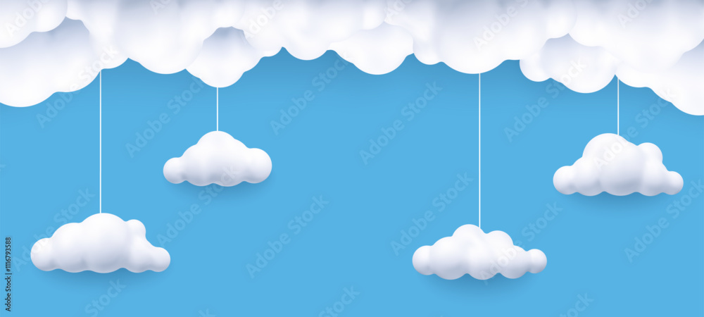 Poster 3d white clouds, in the blue sky. cartoon cute clouds on strings in bubble shape. plasticine 3d rend
