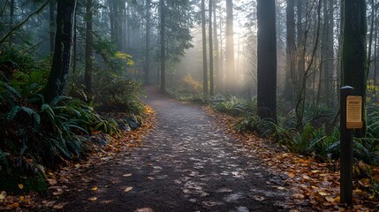 Obraz premium Misty forest trail path sunlight autumn leaves.