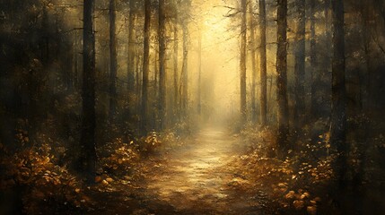 Obraz premium Sunlit path through autumn forest.