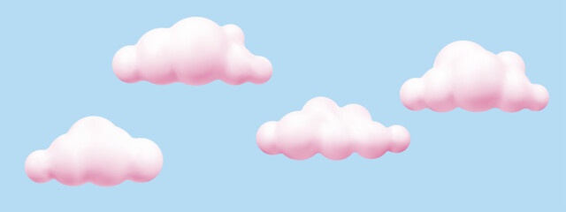 3D pink cloud set, in the blue sky. Cartoon cute clouds in bubble shape. Plasticine 3d weather icons, render style. Trendy fluffy clouds. Vector illustration.