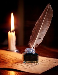 A quill pen rests on parchment, inkwell nearby, candlelight illuminating the scene.