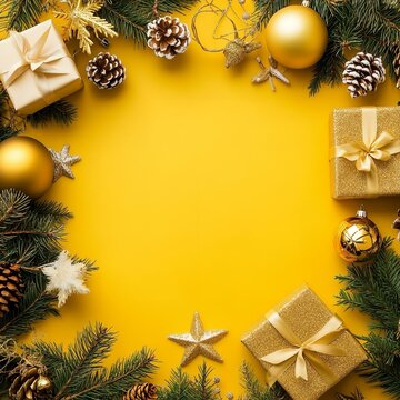 Merry christmas and happy holidays greeting card frame banner. new year. noel. christmas ornaments and gift on yellow background top view. winter xmas holiday theme.