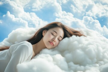 Young Japanese woman peacefully sleeping on fluffy clouds under a bright blue sky, symbolizing serenity, relaxation, and dreams in a surreal heavenly atmosphere