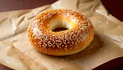 Sesame bagel on brown paper. Delicious!